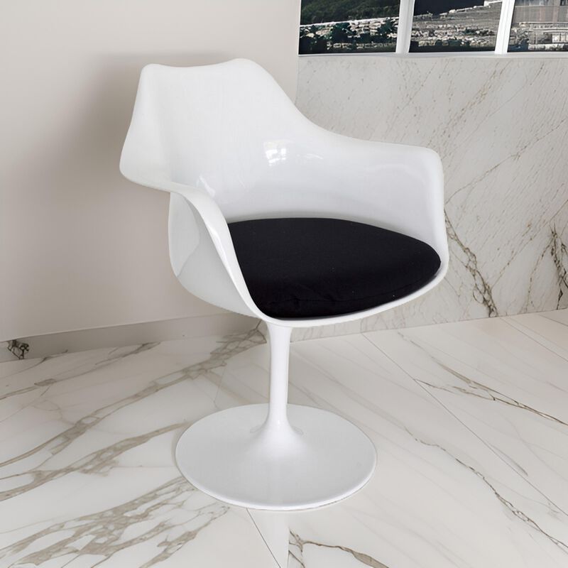 Sufi 27 Inch Swivel Dining Armchair, Unique Artisan Shape, White Round Base - Benzara