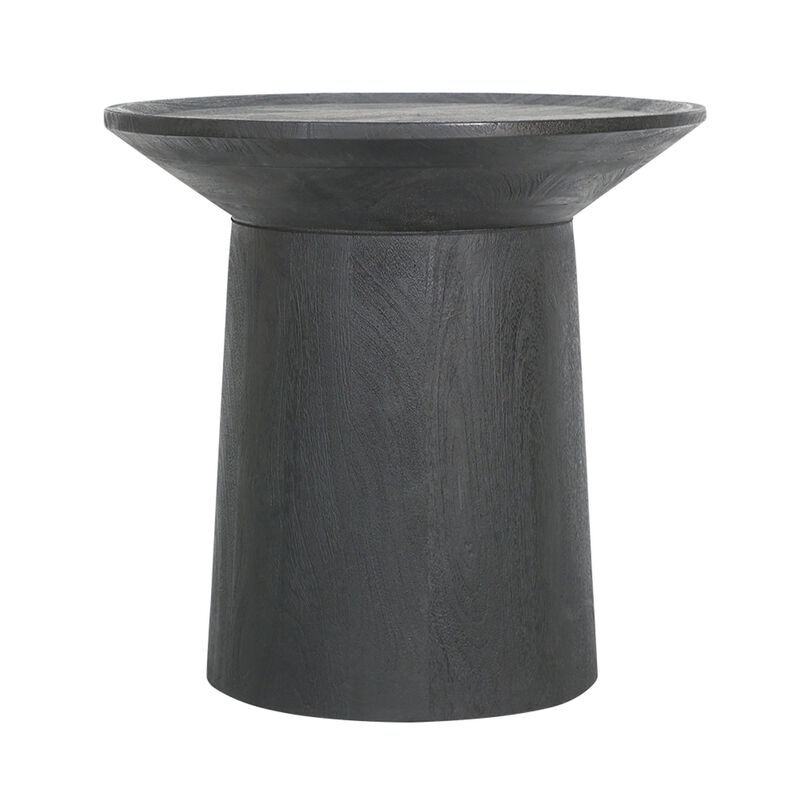 Benjara 20 Inch Side End Table, Round Mango Wood Top, Cylindrical Base, Matte Black