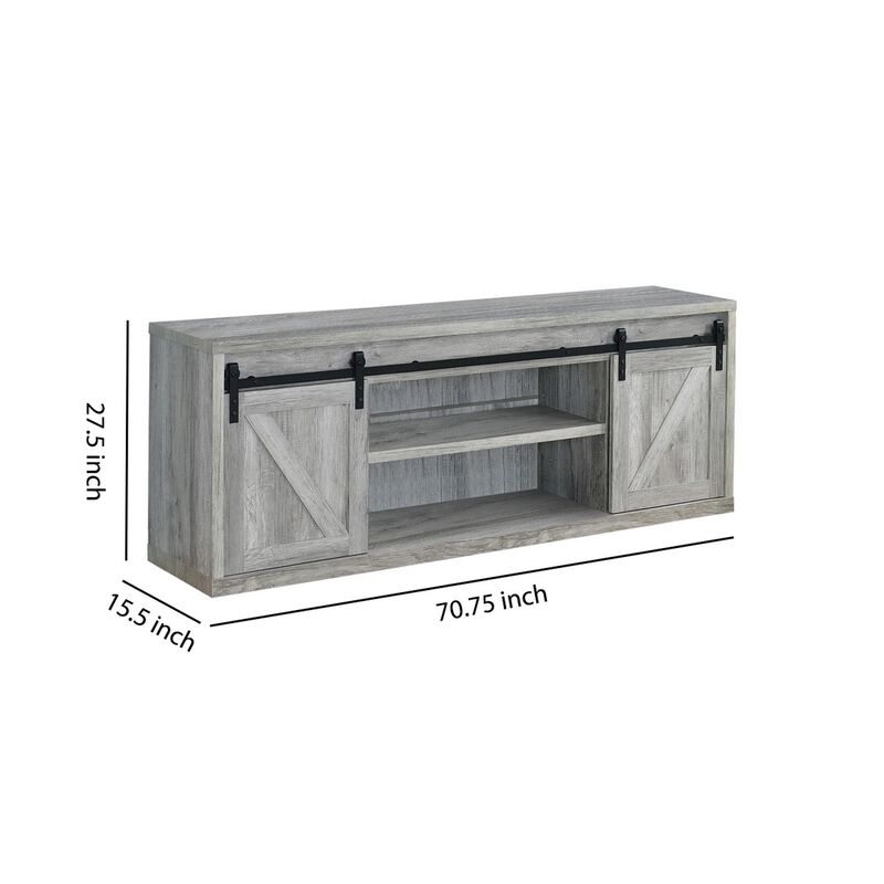 71 Inch Farmhouse Wooden TV Console With 2 Sliding Barn Doors, Gray-Benzara