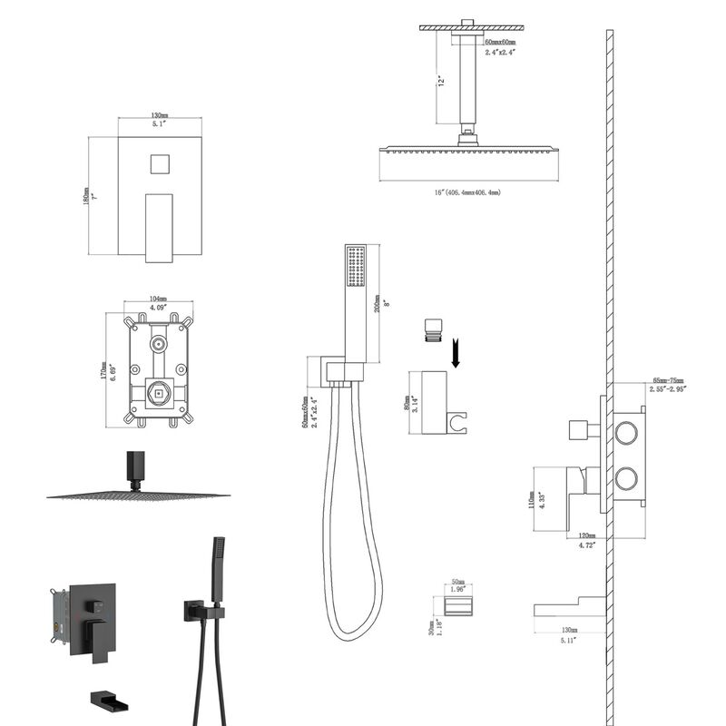 16" Rain Shower Head Systems With Waterfall Tub Spout, Matte, Ceiling Mounted Shower