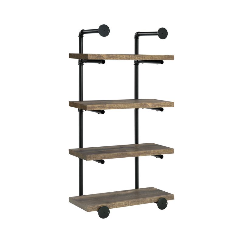 Wall Shelf with 4 Shelves and Piped Metal Frame, Brown and Black-Benzara