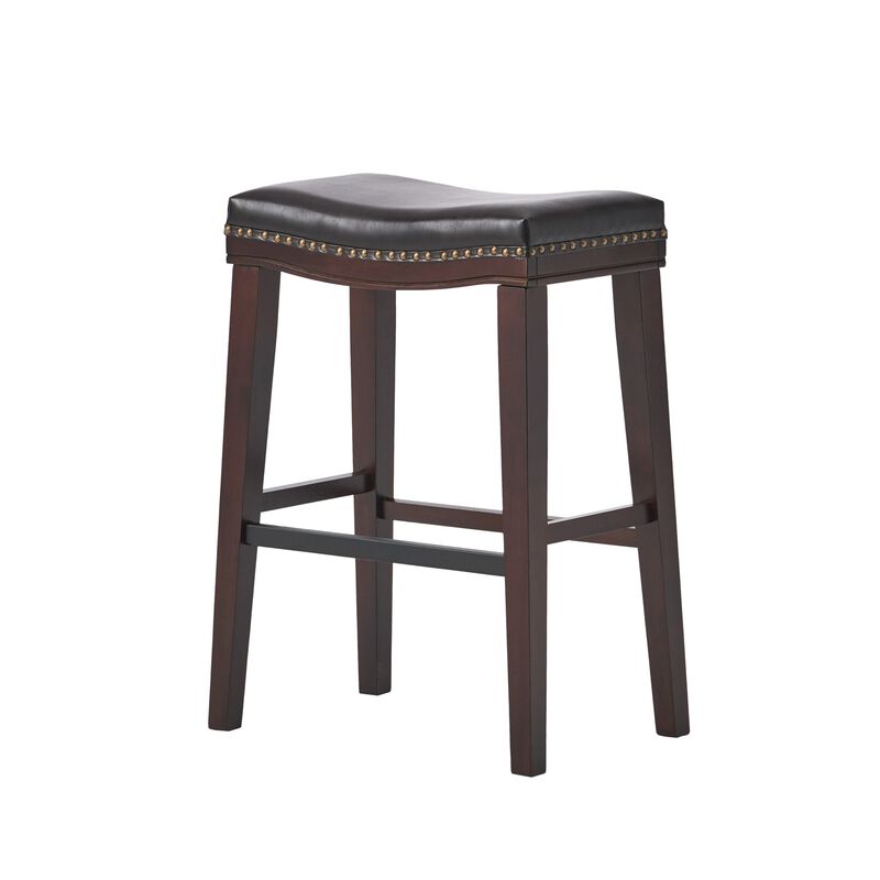 Clare Barstool Set of 2, Black Faux Leather, Nailhead Trim, Dark Brown - Benzara
