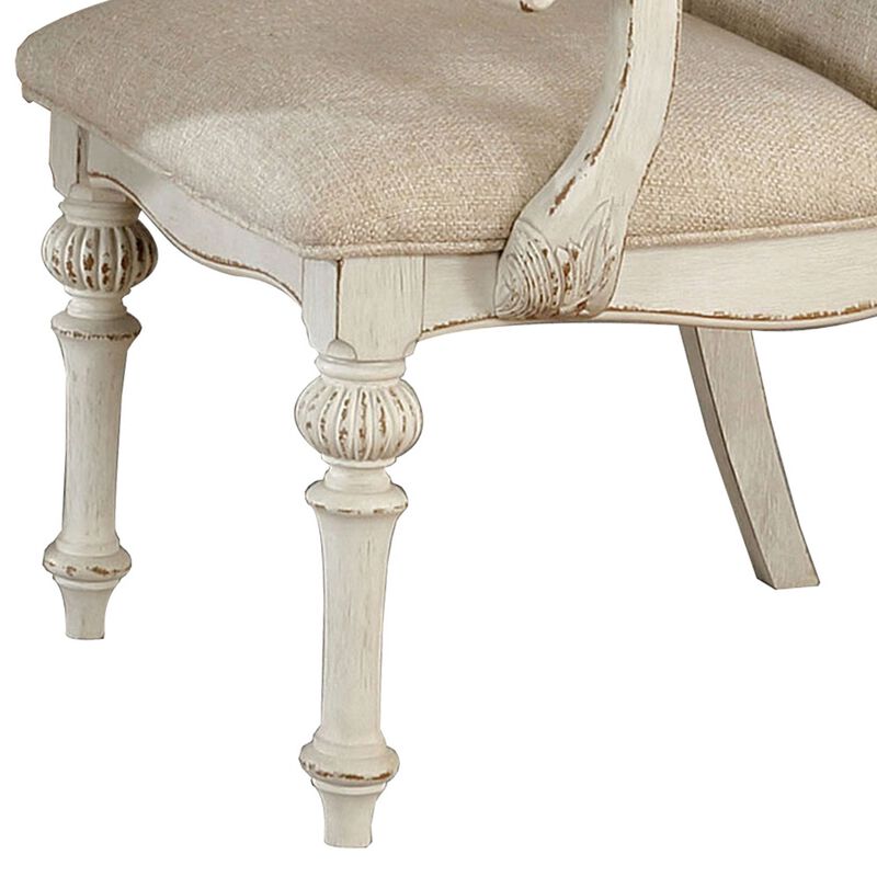 Rustic Wooden Arm Chair with Intricate Carvings, Set of 2, Antique White-Benzara