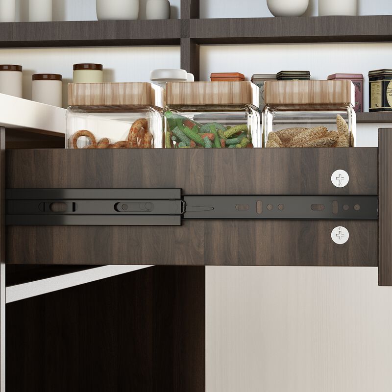 Stationary Kitchen Island with 2 Drawers & Open Shelves, Kitchen Island Table with Metal Legs, Bar Table Island Table Brown and Marble White (55.1”W x 30”D x 36”H)