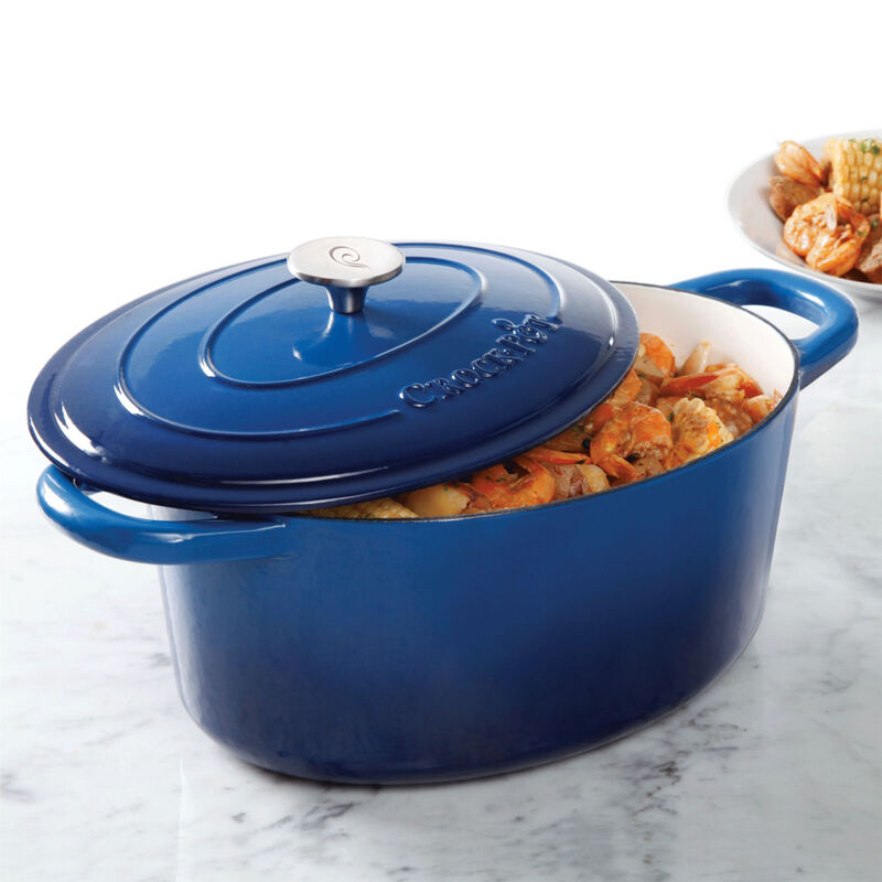 Crock Pot Artisan 7 Quart Enameled Cast Iron Oval Dutch Oven in Sapphire Blue