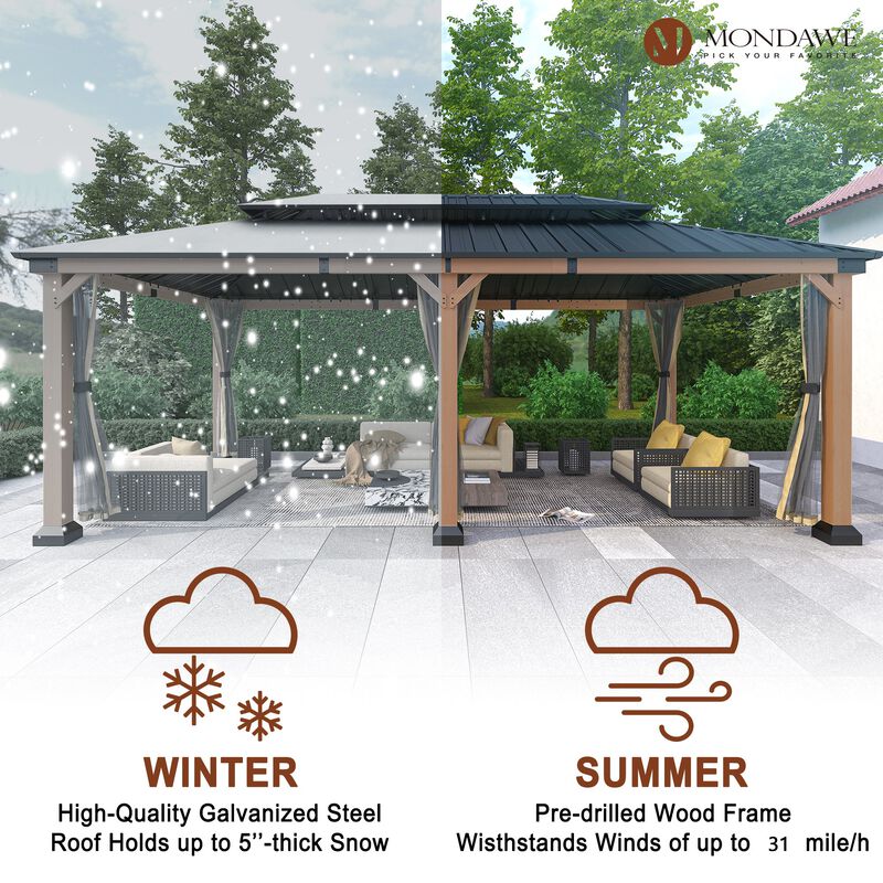 Mondawe Beverly Hills 12 ft. x 20 ft. Outdoor Fir Solid Wood Frame Patio Gazebo Canopy Shelter Galvanized Steel Hardtop Netting