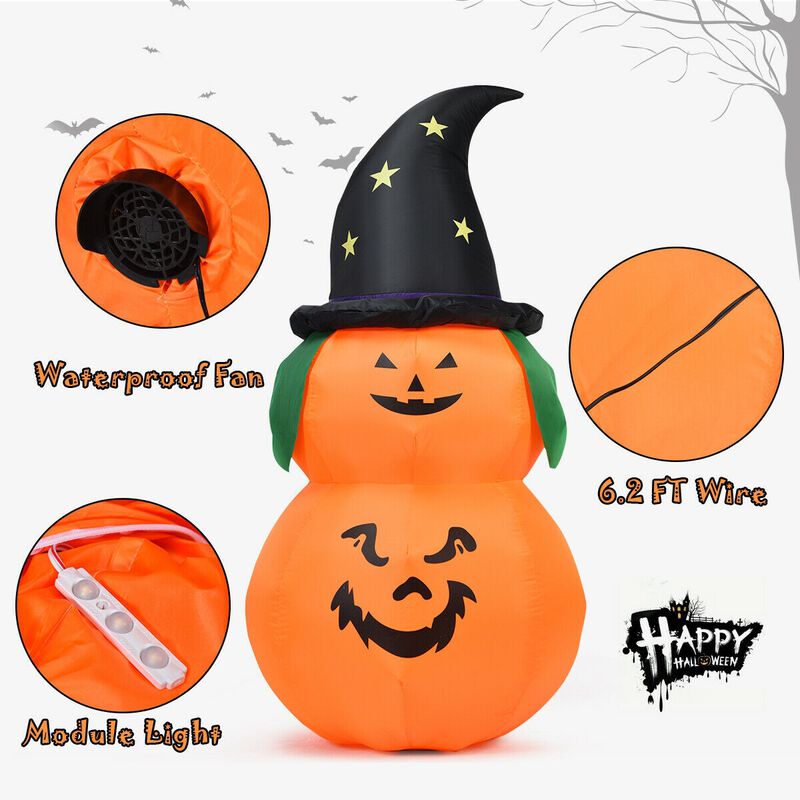 5 ft Inflatable Halloween LED Pumpkin with Witch Hat