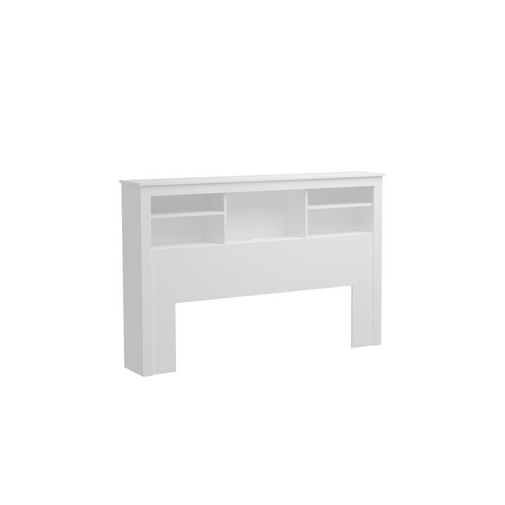 White Full Queen Wood Headboard Shelf with Socket Adapter USB Interface, Shelves and LED Lights