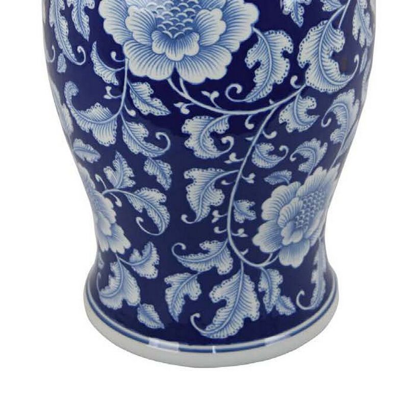 21 Inch Temple Ginger Jar, Blue, White Floral Print, Lid, Ceramic Pottery - Benzara