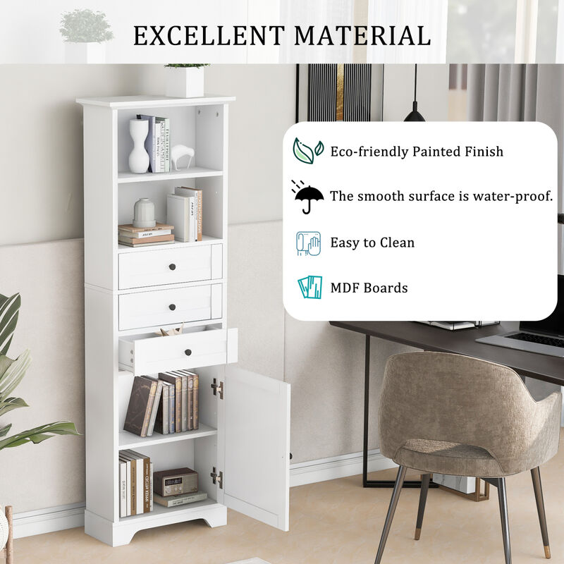 White Tall Storage Cabinet with 3 Drawers and Adjustable Shelves