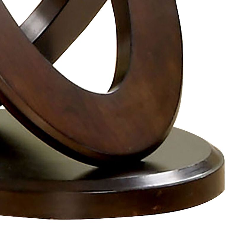 Cross Oval Base End Table with Round Glass Top, Brown and Clear-Benzara