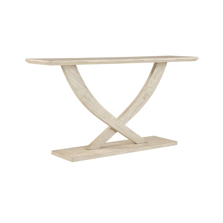 Rase 57 Inch Console Table, Cross Leg Design, Pedestal Base, Whitewash Wood - Benzara