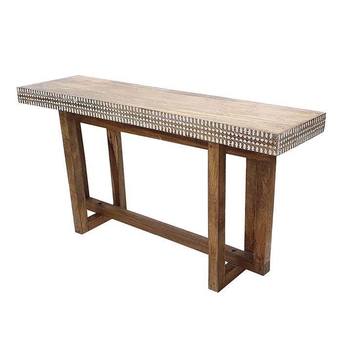 55 Inch Console Sideboard Sofa Table, Hand Carved Wood Apron, Classic Brown - Benzara