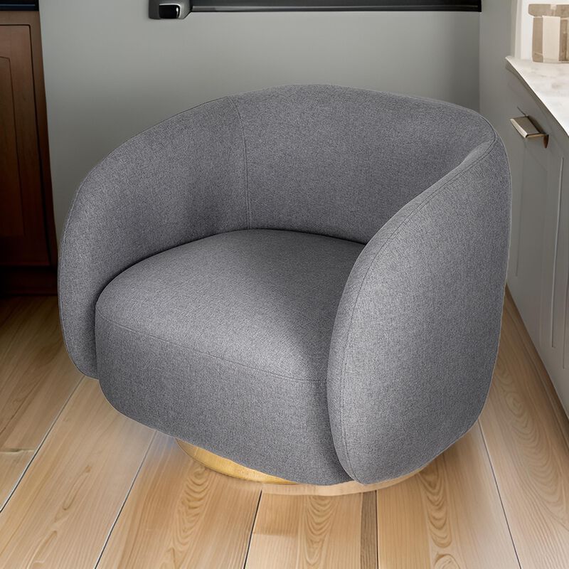Eros 35 Inch Swivel Accent Chair, Plush Gray Fabric Upholstery, Gold Base - Benzara
