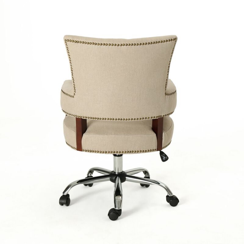 Lini Rolling Office Chair, Beige, Nailhead Trim, Swivel, Chrome Metal - Benzara