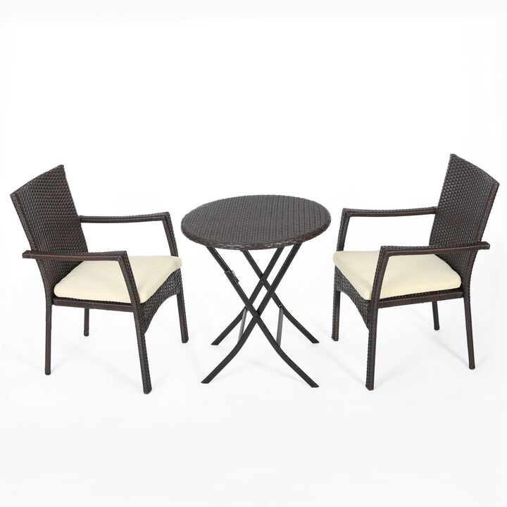 Elie Outdoor Bistro Table Set with 2 Chairs, Brown PE Rattan Wicker - Benzara