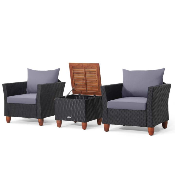 Hivvago 3 Pieces Patio Wicker Furniture Set with Cushions and Acacia Wood Coffee Table Outdoor