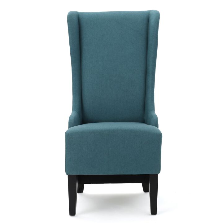 Becca Dining Chair, High Wingback Dark Brown Birch Wood, Teal Fabric  - Benzara