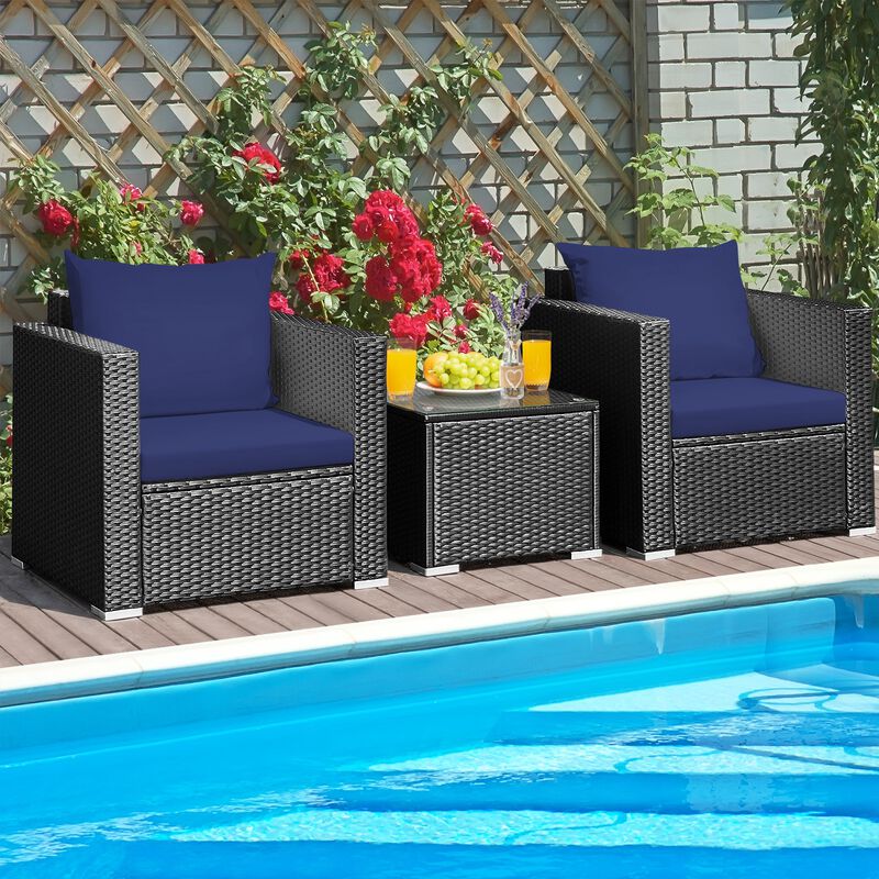 3 Pieces Patio Wicker Conversation Set with Cushion