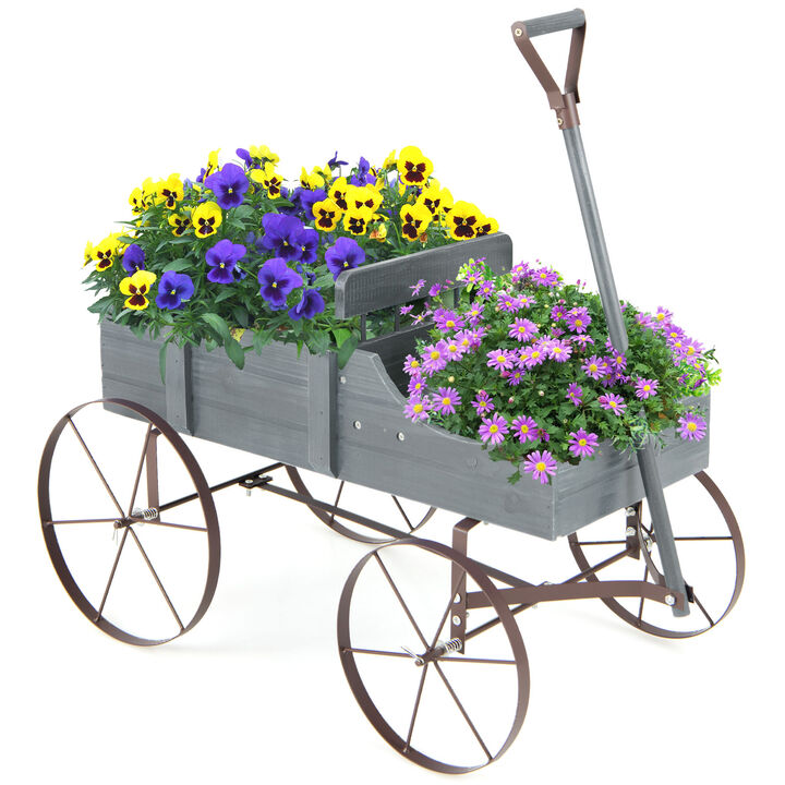 Wooden Wagon Plant Bed With Wheel for Garden Yard