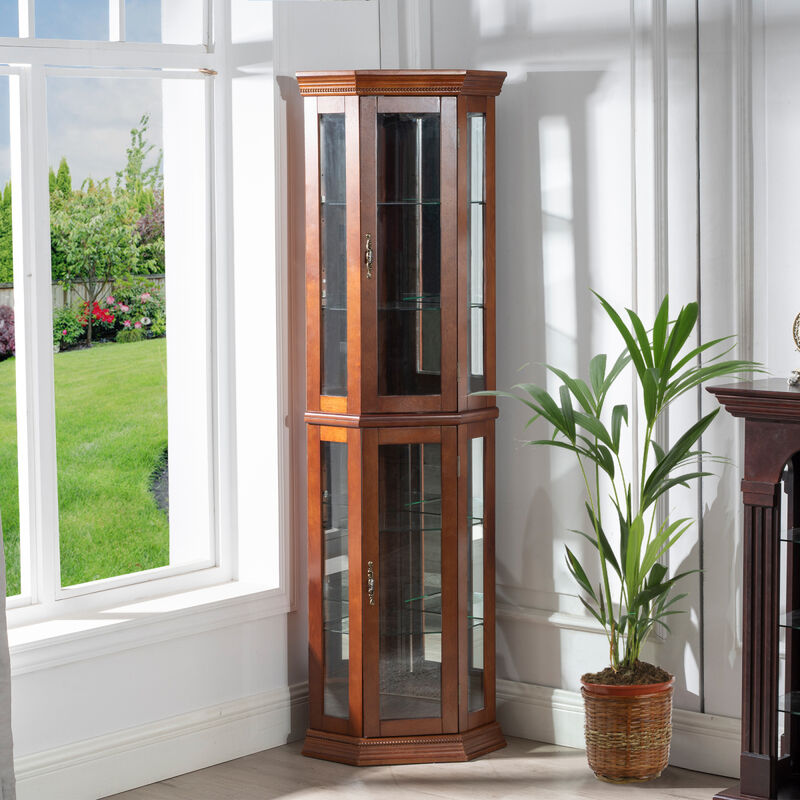 Walnut Corner Curio Cabinet with Lights & Adjustable Shelves