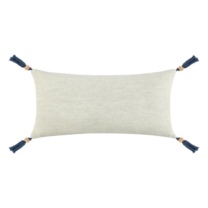 Chia Lumbar Throw Pillow, 16x36in Wood Bead Tassels, Light Gray Linen - Benzara