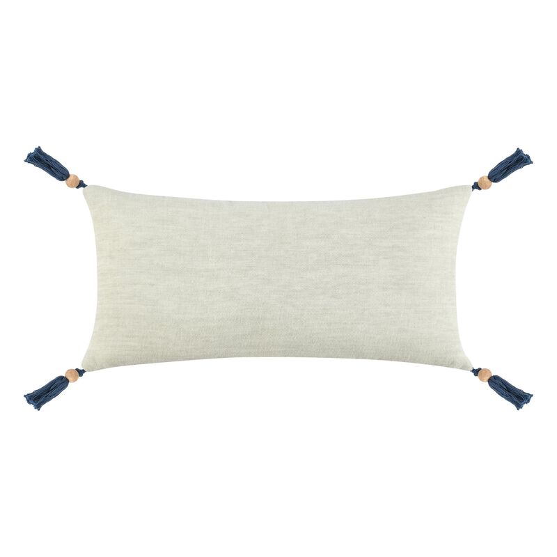 Chia Lumbar Throw Pillow, 16x36in Wood Bead Tassels, Light Gray Linen - Benzara