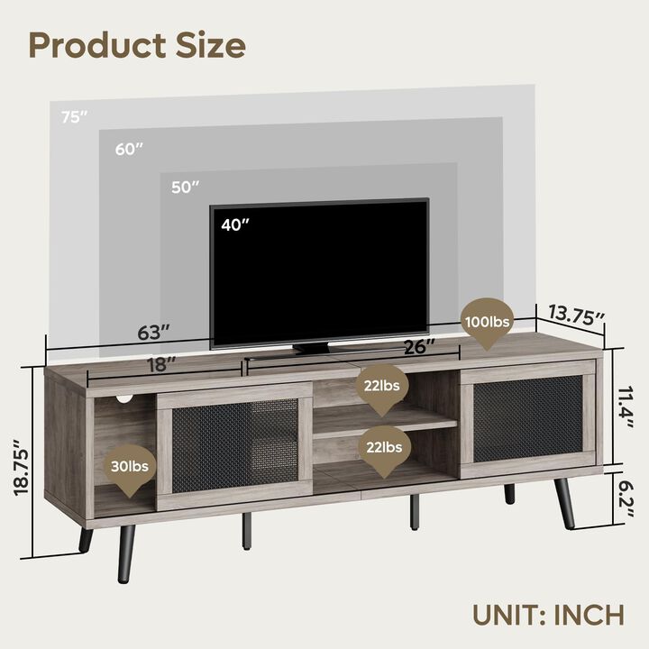 Grey TV Stand for 75 Inch TV, Boho Entertainment Center