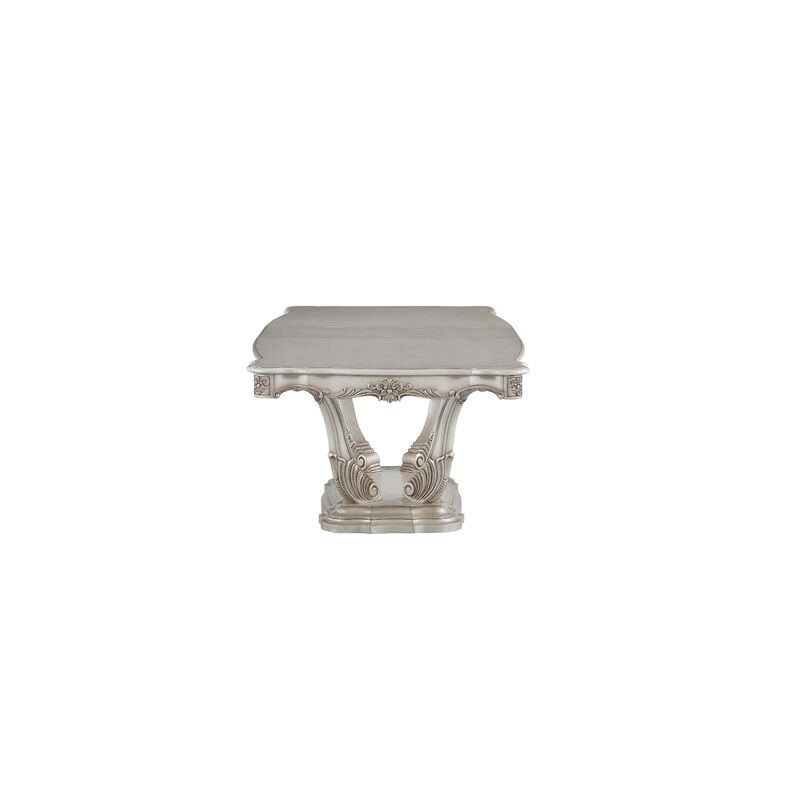 Traditional Style Dining Table with Scrolled Floral Motifs, Cream - Benzara