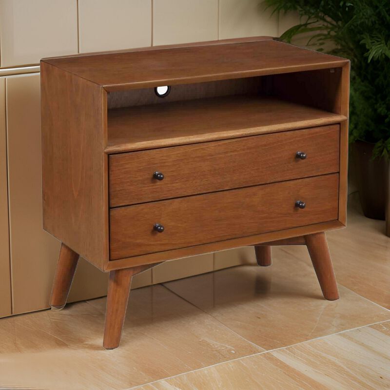 2 Drawer Wooden Nightstand with Open Compartment and Splayed Legs, Brown-Benzara