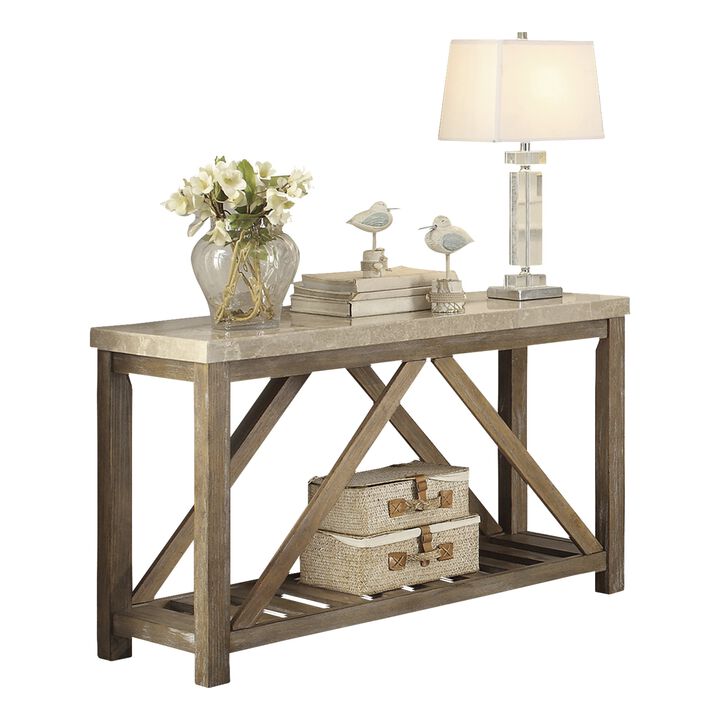 Rectangular Wooden Sofa Table With Slated Bottom Shelf, Gold Brown - Benzara