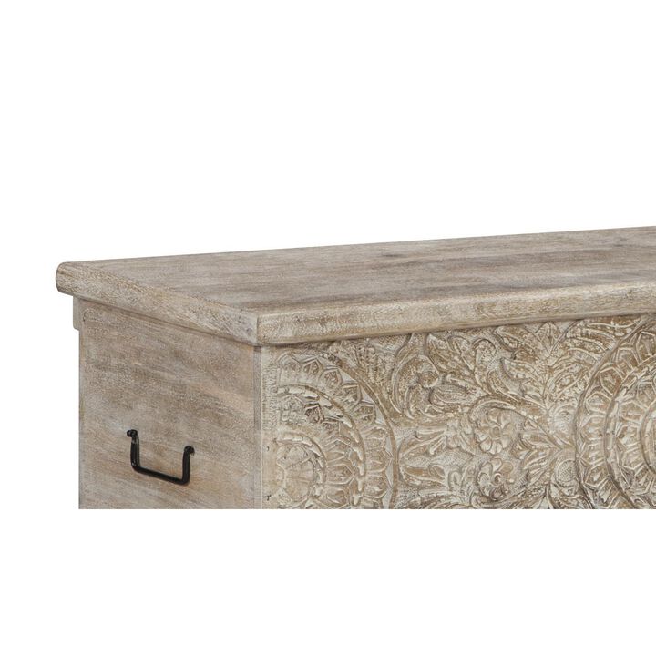 Medallion Pattern Wooden Storage Bench, Hinged Opening, Antique White, Black - Benzara