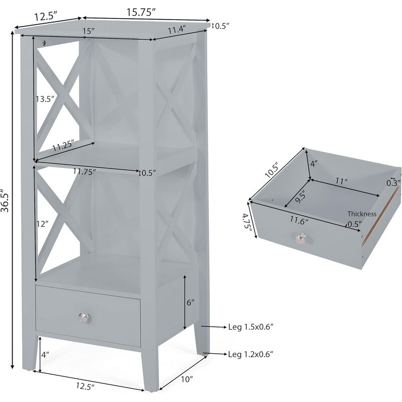 Veny Bathroom Linen Storage Rack, 16 x 36, 2 Shelves, 1 Drawer, Gray - Benzara