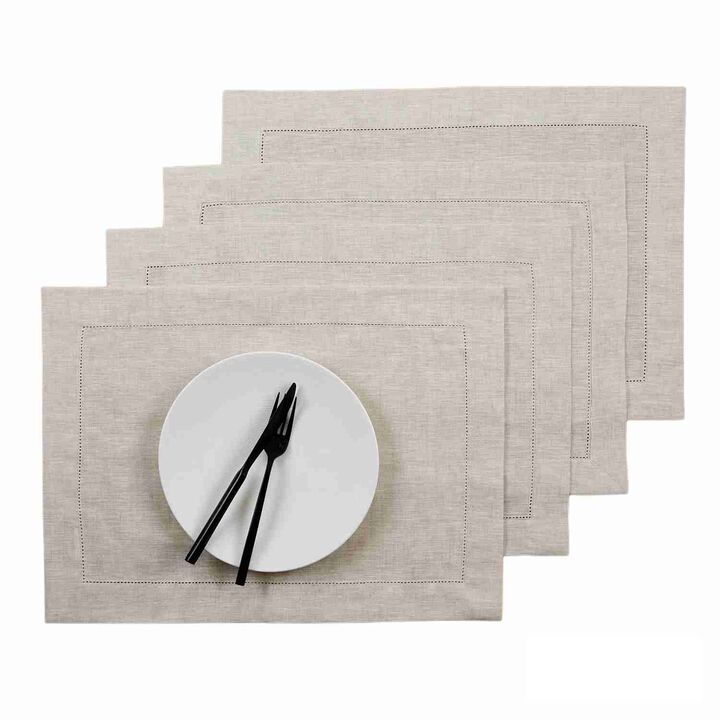 Solino Home 100% Pure Linen Placemats Set of 6 - 14 x 19 Inch | Classic Hemstitch