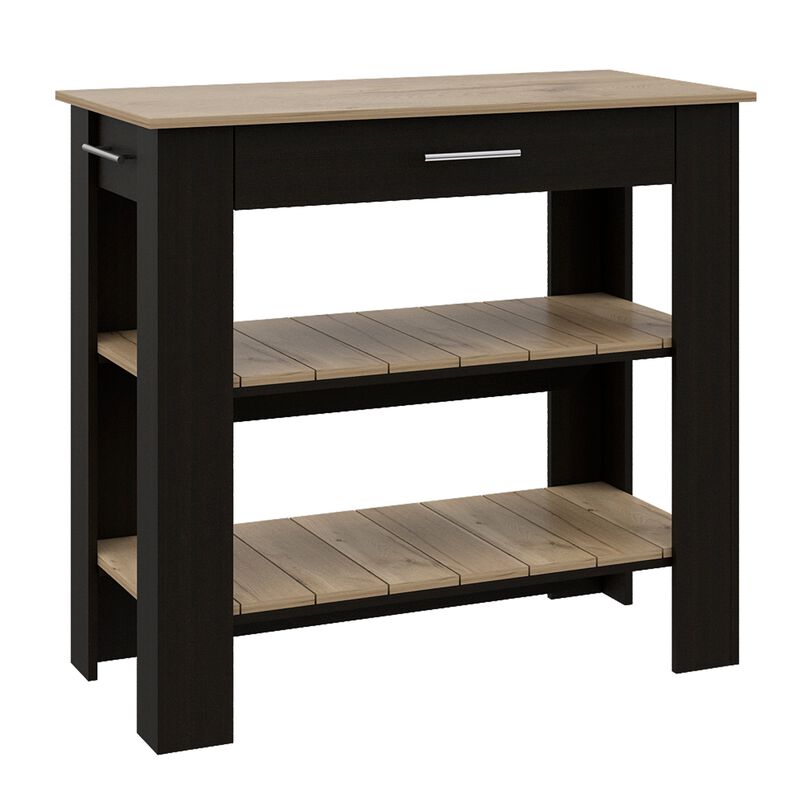 DEPOT E-SHOP Kitchen Island 37" H, Two Open Storage Shelves, One Drawer, Four Legs,Towel Hanger, Black / Light Oak