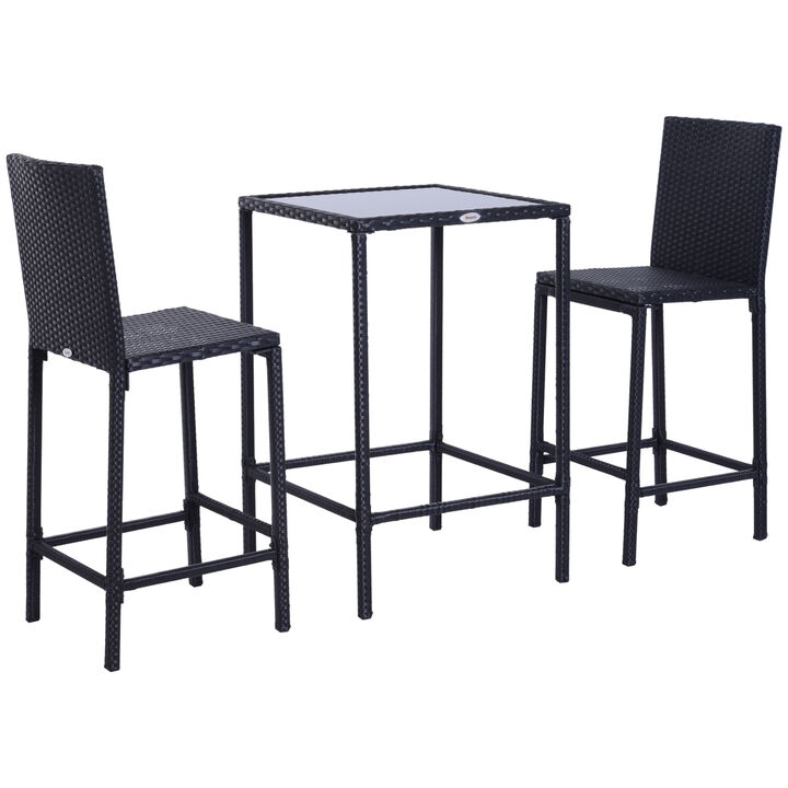 3pc Rattan Bar Dining Chair Glass Table Set Bistro Barstool Furniture