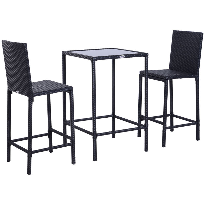 3pc Rattan Bar Dining Chair Glass Table Set Bistro Barstool Furniture