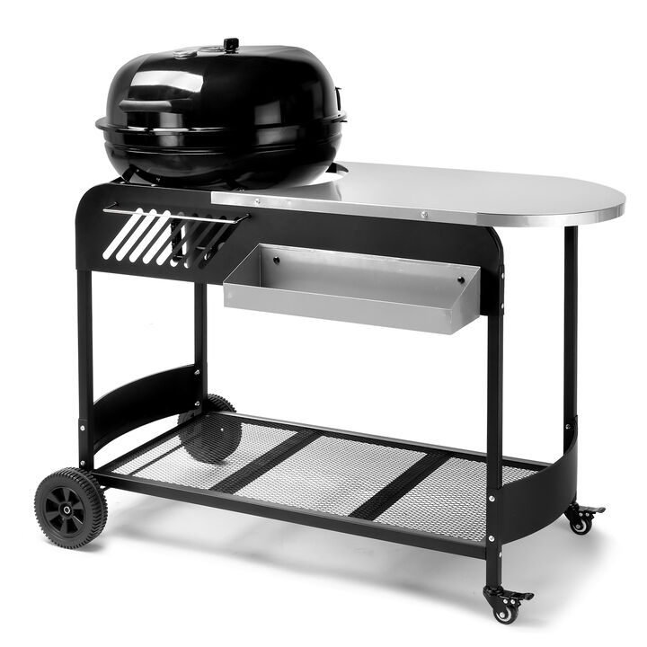 Portable Charcoal Grill with Cart, BBQ Grill with Porcelain-Enameled Lid & Ash Catcher for Outdoor, Picnic, and Camping