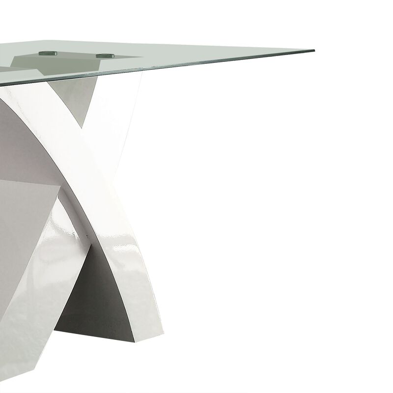 Glass Top Dining Table With X Shape Wooden Base, White and Clear-Benzara