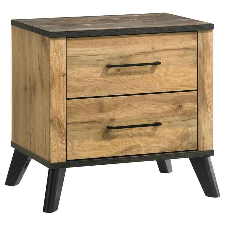 Wemy Nightstand with 2 Drawers, Metal Legs, Weathered Brown Pine Wood - Benzara