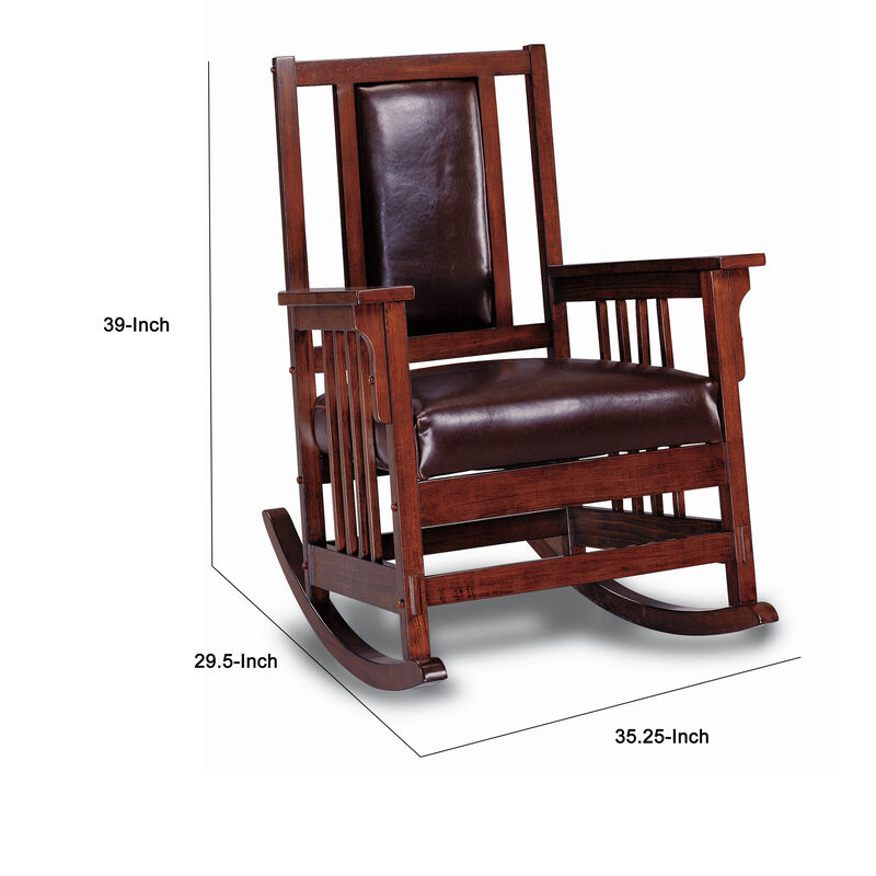 Mission Style Rocking Chair, Leather Upholstered Seat & Back, Tobacco and Dark Brown-Benzara