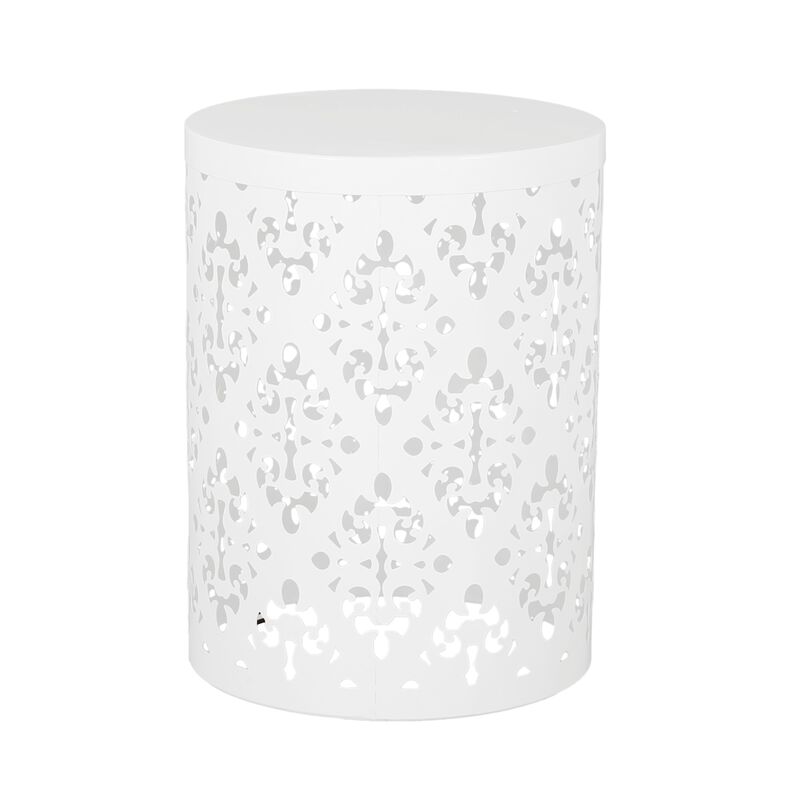 Kemo Outdoor End Table Set of 2, Round Top, Cutout Design, White Iron - Benzara