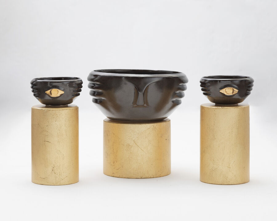 CHICHA Decorative Ceramic Bowls in Dark Green Glaze with Gold Luster Details, Set of 3, by ANDEAN, In Stock