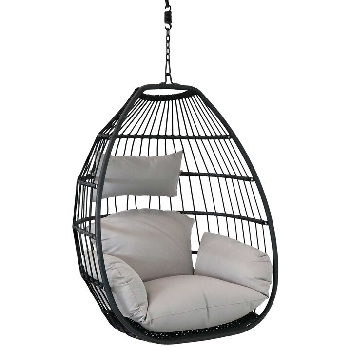 Sunnydaze Black Resin Wicker Hanging Egg Chair with Cushions - Gray