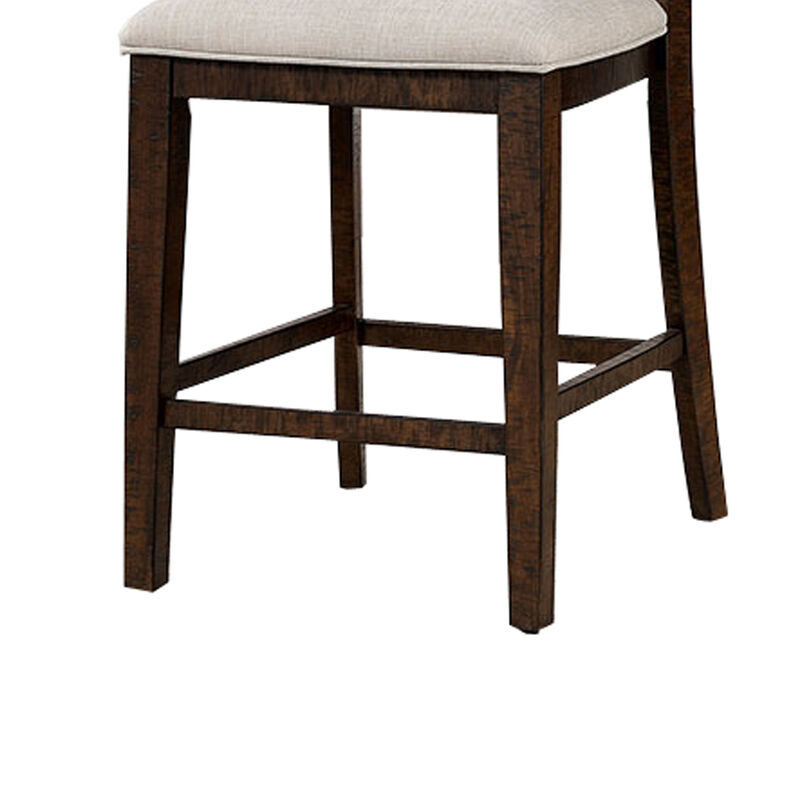 Shaw 25 Inch, Counter Height Chair, Slatted Back, Beige Seat, Brown Wood-Benzara