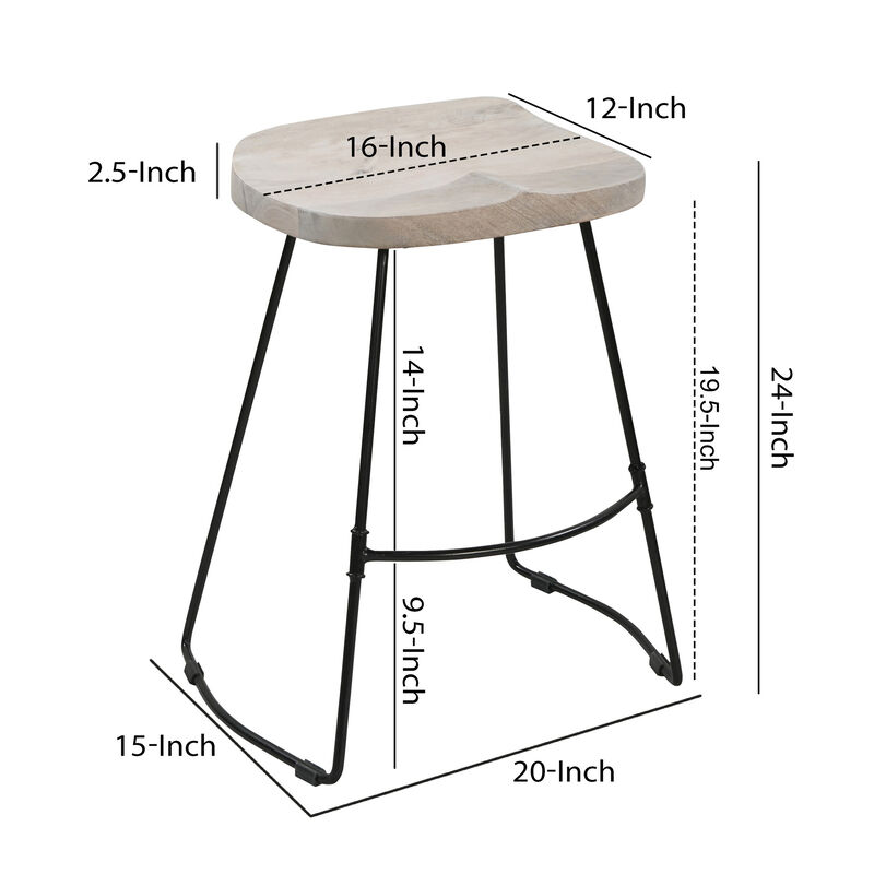 Tiva 24 Inch Handcrafted Backless Counter Height Stool, Whitewashed Mango Wood Saddle Seat, Black Metal Base-Benzara