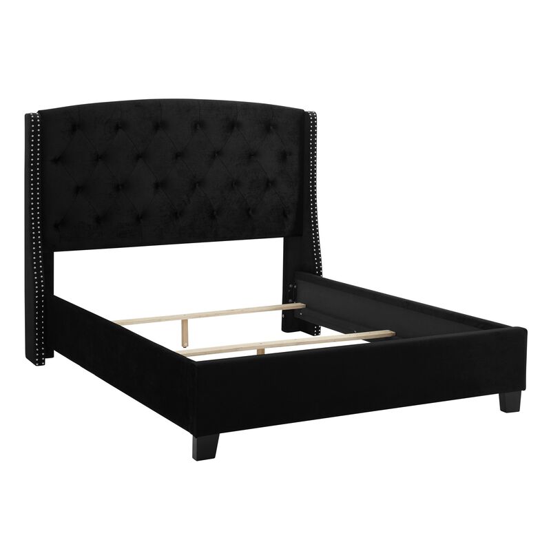 Benjara James King Size Bed, Platform Style, Button Tufted Black Velvet Upholstery