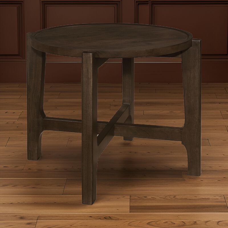 Katie End Table, Round 26 Inch Top, Dark Brown Solid Wood, Cross Beam Legs - Benzara