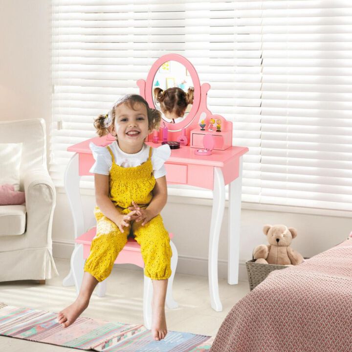 Hivvago Kids Vanity Princess Makeup Dressing Table Stool Set with Mirror and Drawer
