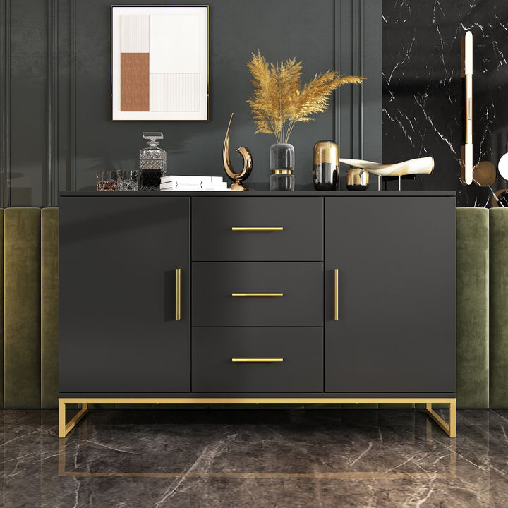 Black Storage Accent Cabinets with 3-Drawers and 2-Cabinets, Metal Legs Cupboard Floor-Standing Sideboard